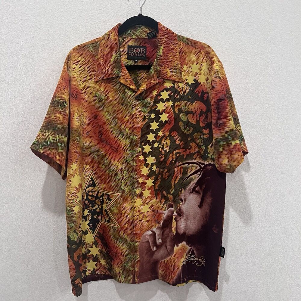 Dragonfly Vintage Bob Marley Orange Button Up Shirt Medium Festival Party Stars